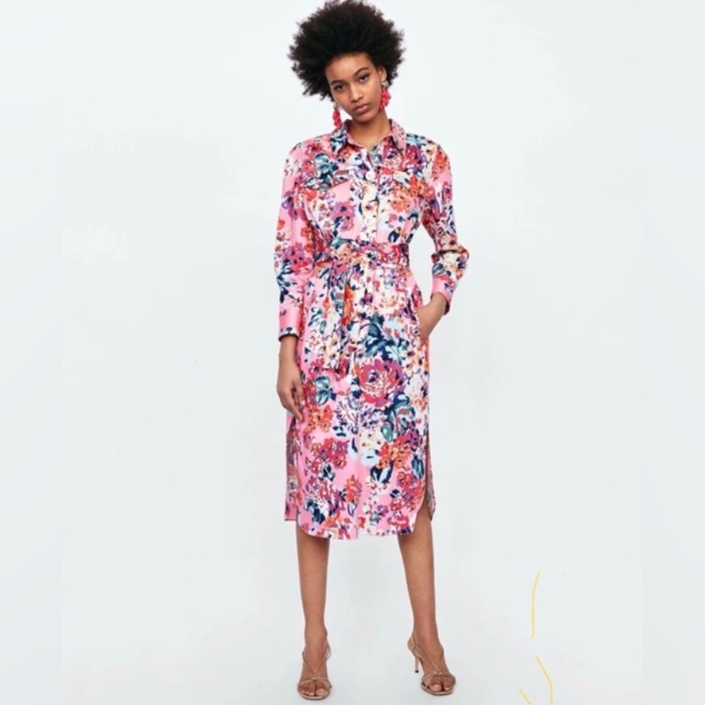 Zara Blogger favorite pink floral tie waist midi dress size S retro shirt dress
